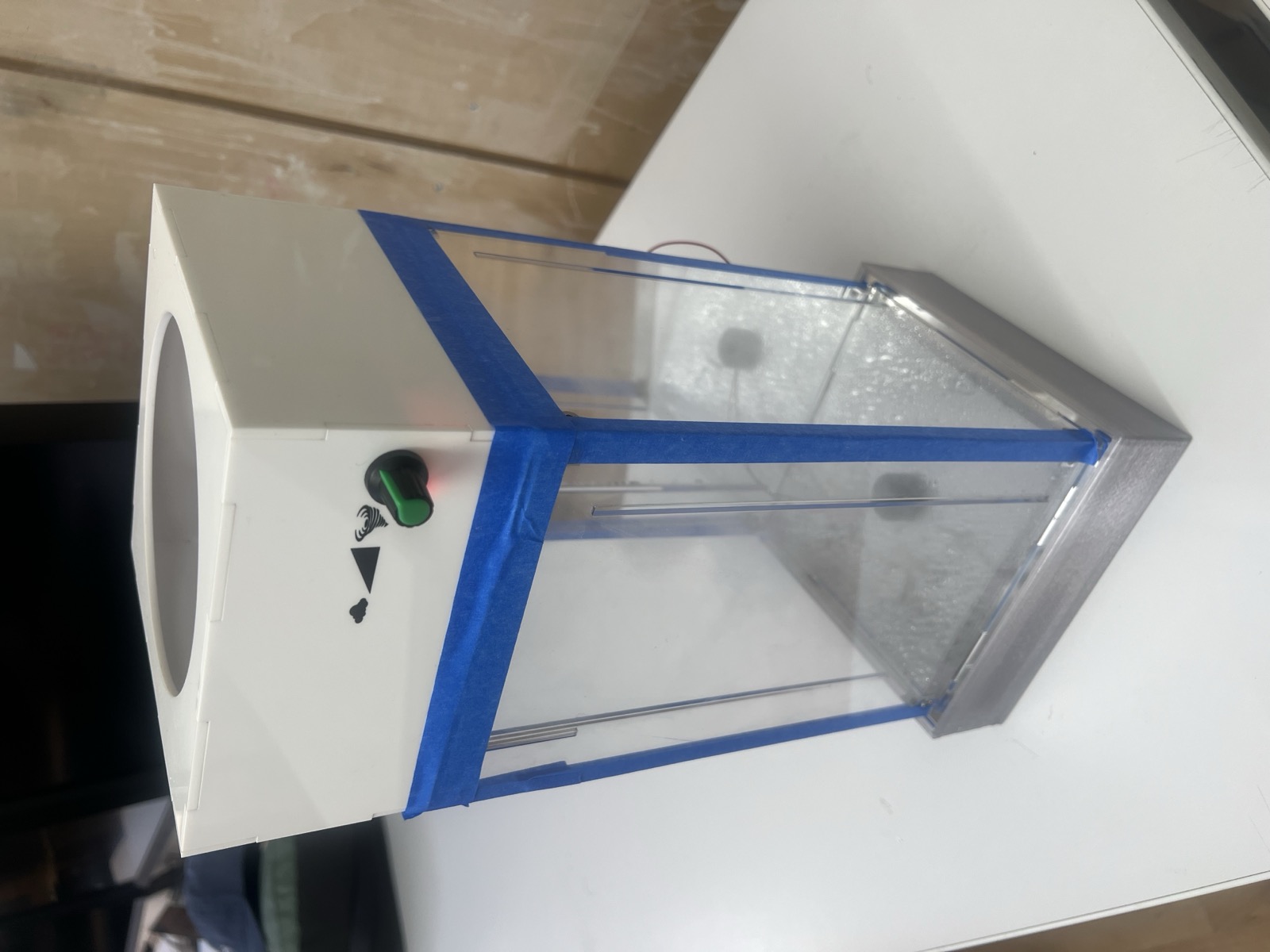 Finished hurricane in a box diorama with acrylic viewing chamber and control knob