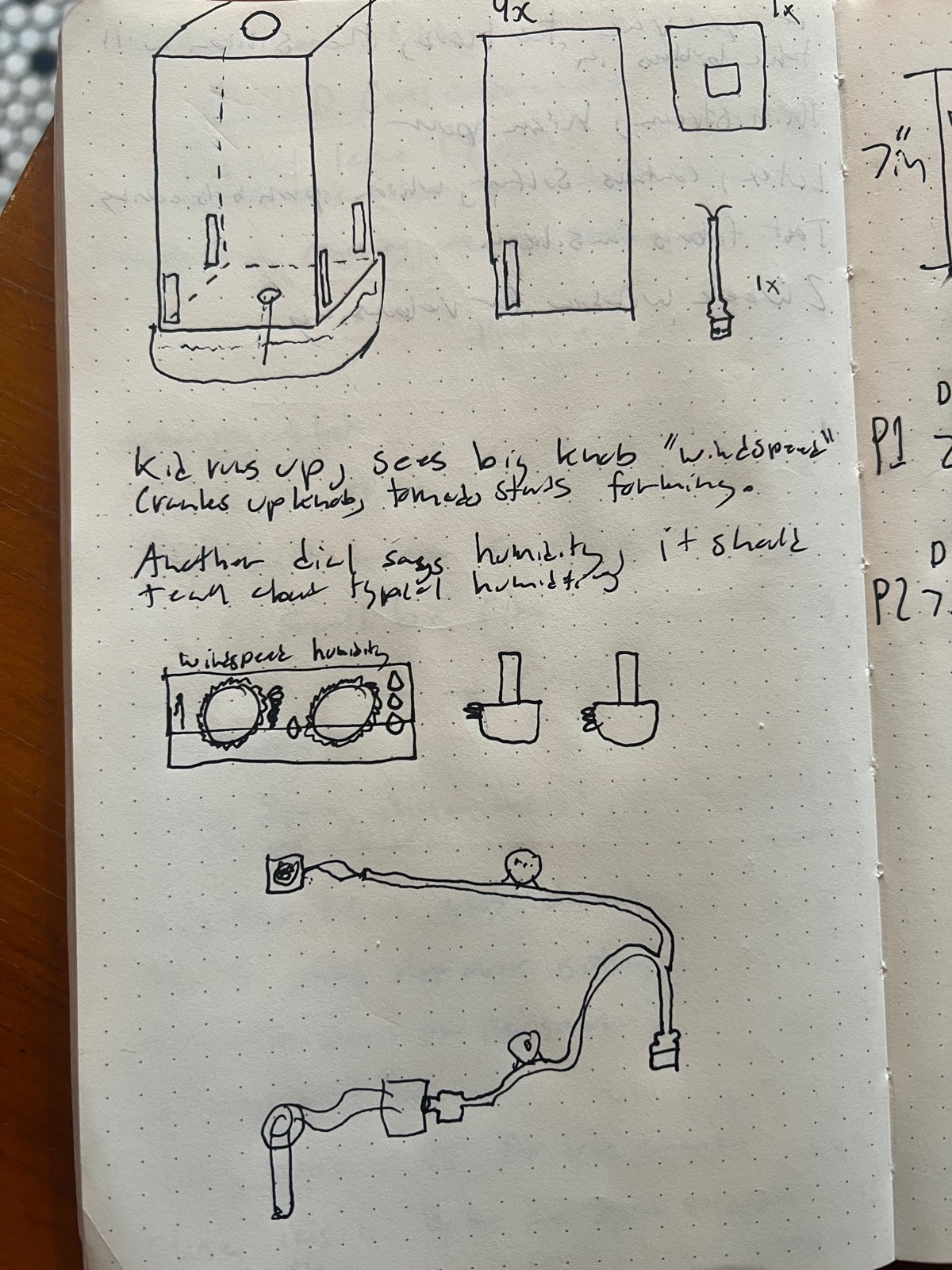 Notebook sketches of hurricane diorama design and wiring