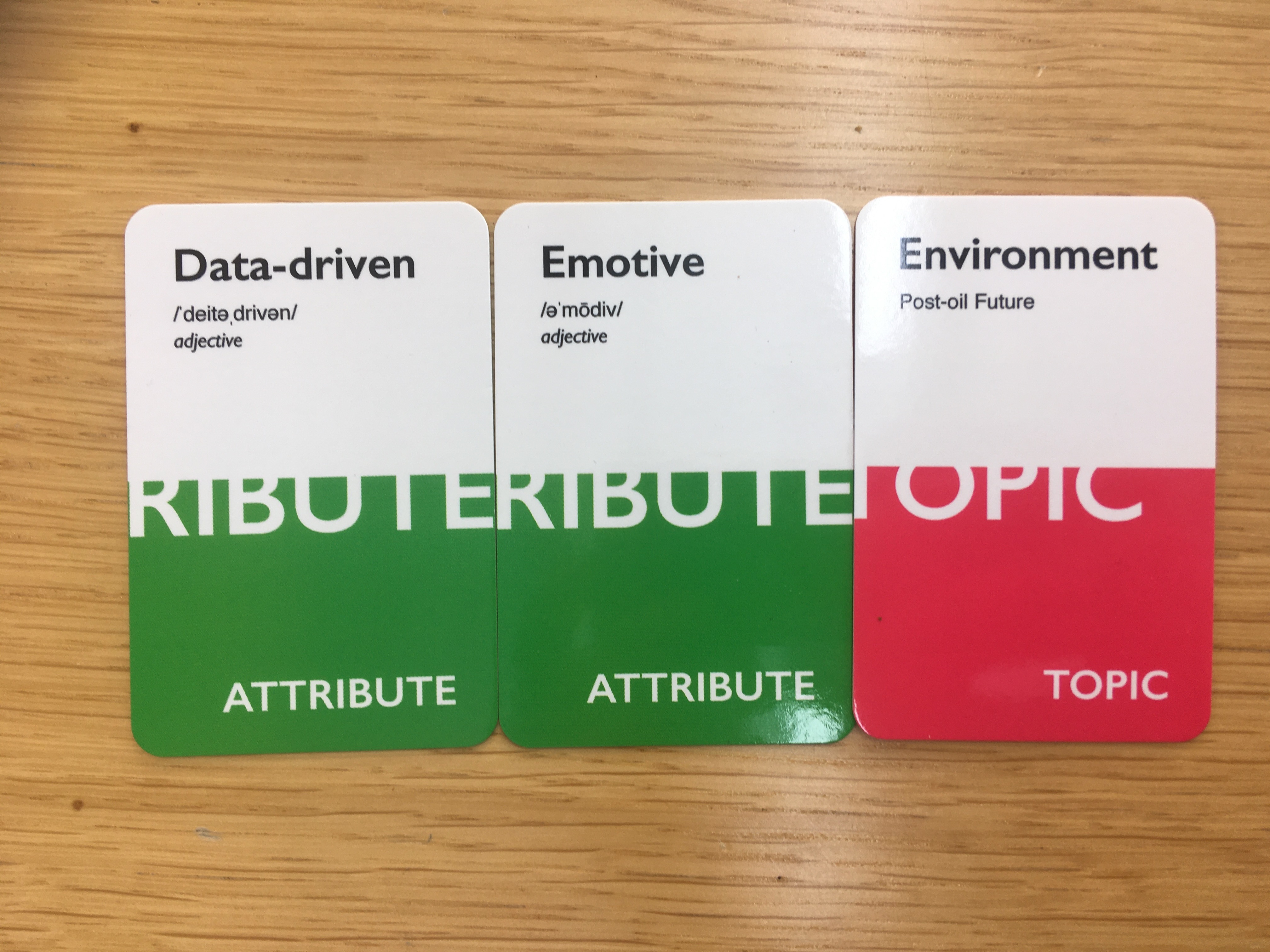 Three cards drawn for the ideation session showing topic and attributes