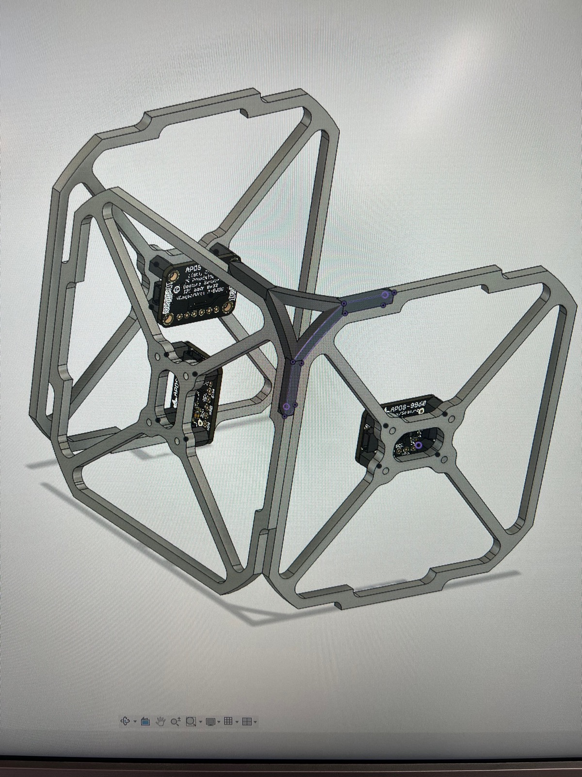 CAD render of the cube frame assembly with sensor boards on each face