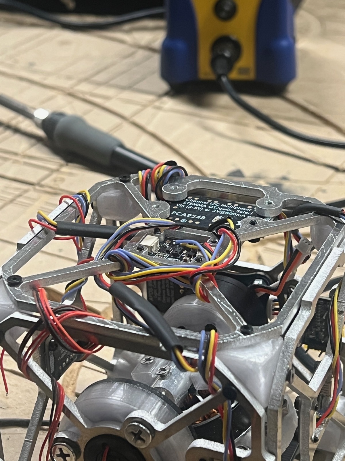 Close-up of an I2C multiplexer sensor board mounted inside a cube corner