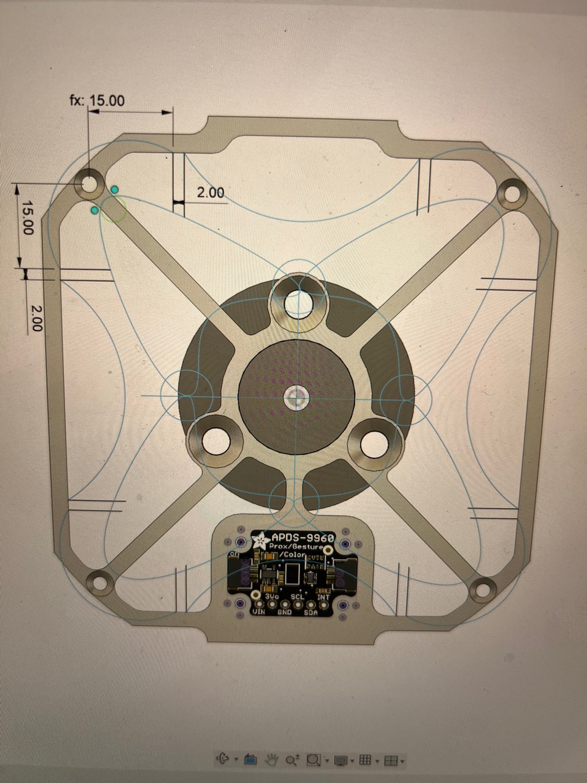 CAD sketch of a cube panel with an APDS-9960 sensor and dimensioned mounting holes