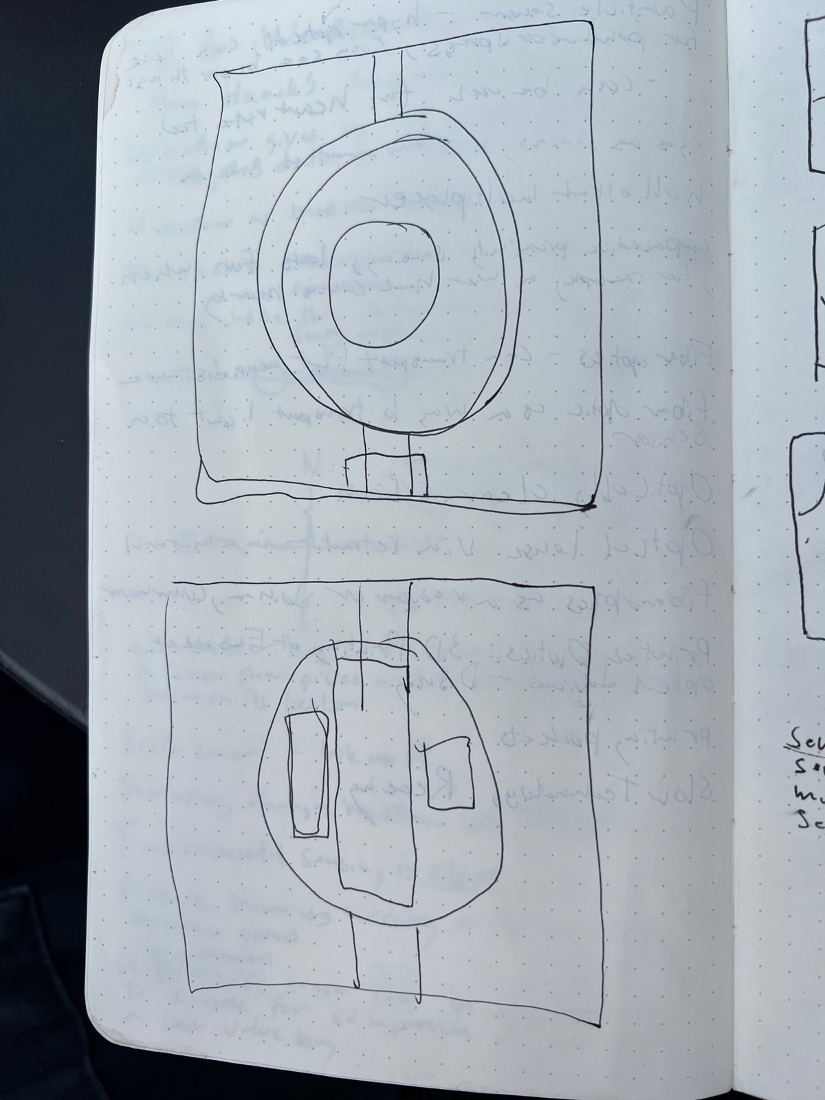 Notebook page with pen sketches of a cube with a central eye aperture and side buttons