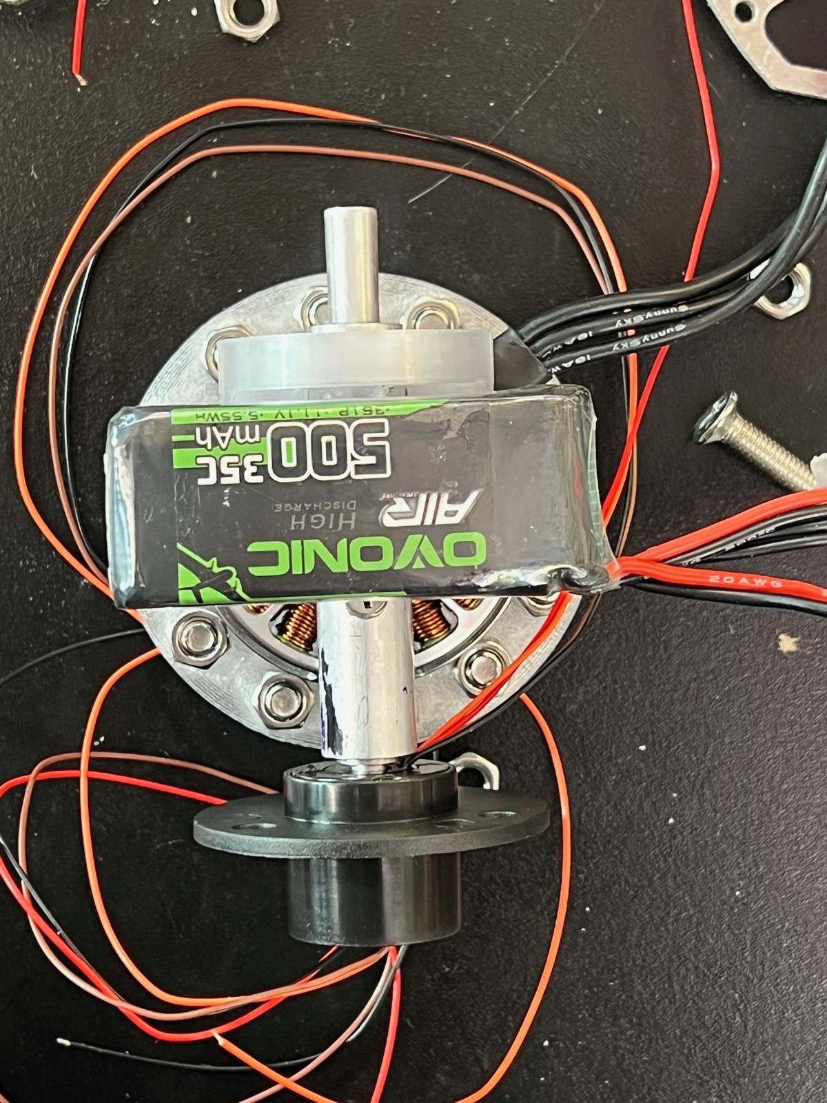 BLDC motor with an Ovonic 500mAh LiPo battery strapped to it