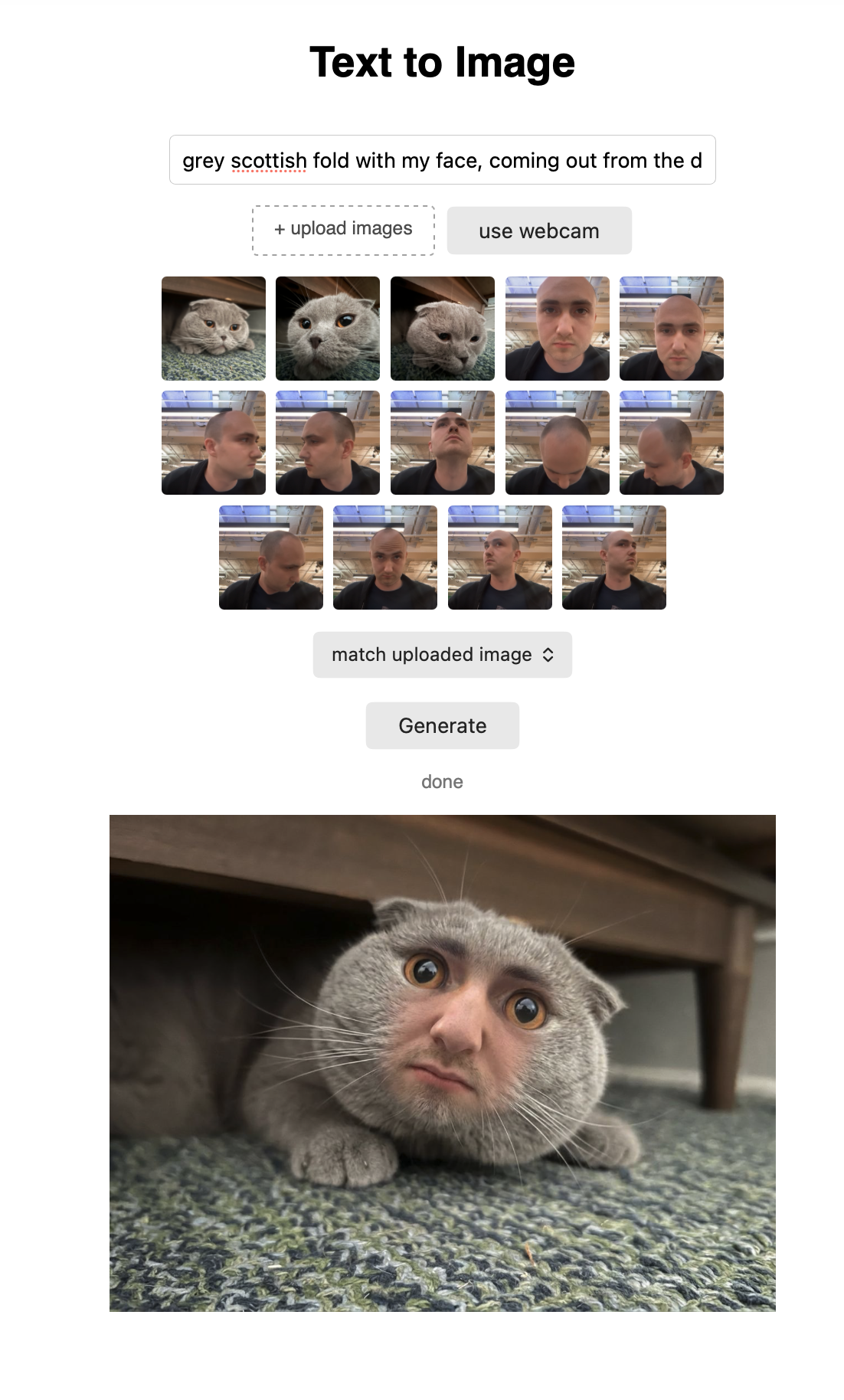 Generated image blending a photo of the author's face with a grey Scottish Fold cat, shown below the generator's prompt and reference-photo grid