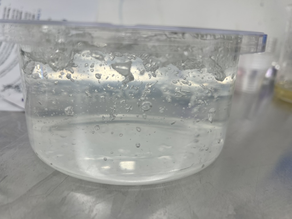 A large clear plastic tub filled with clear elastomer gel, small bubbles suspended in it
