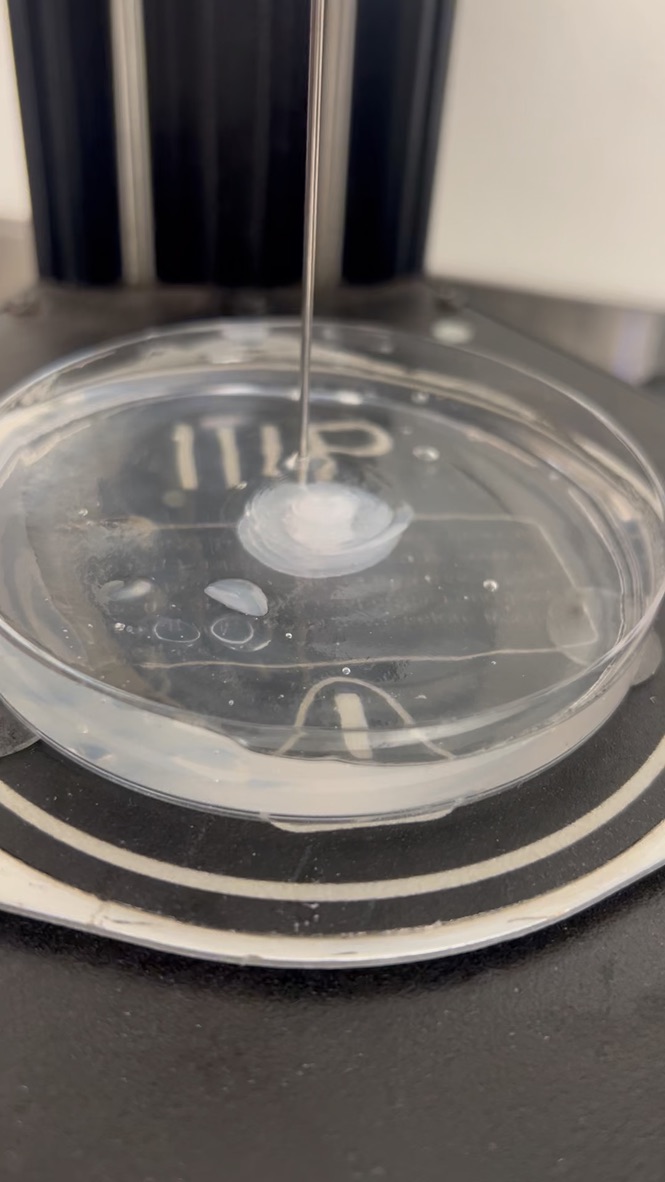 A thin steel needle on a delta printer depositing a white silicone blob into clear gel in a petri dish