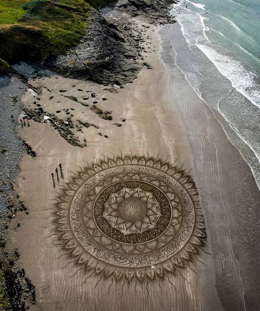 Collaboration sand drawing with @Layla Parkin and Rachel Shiamh a Quiet  Earth (2025), thats us stood next to the piece for scale! #landart  #sanddrawing #sculpttheworld #art #wales