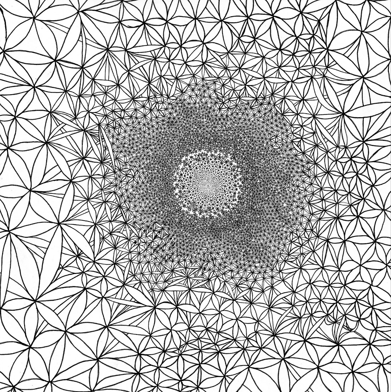 A hand-drawn black ink mandala: overlapping circles packed tighter and darker toward a bright center.