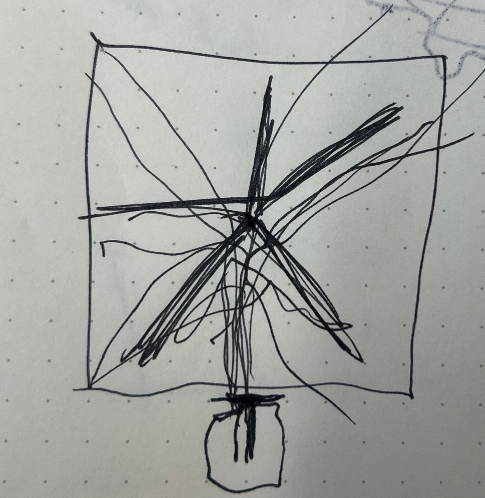 Pen sketch of a square panel above a round base, with dense bundles of lines radiating from a center point like a clock hand's sweeps traced over time.