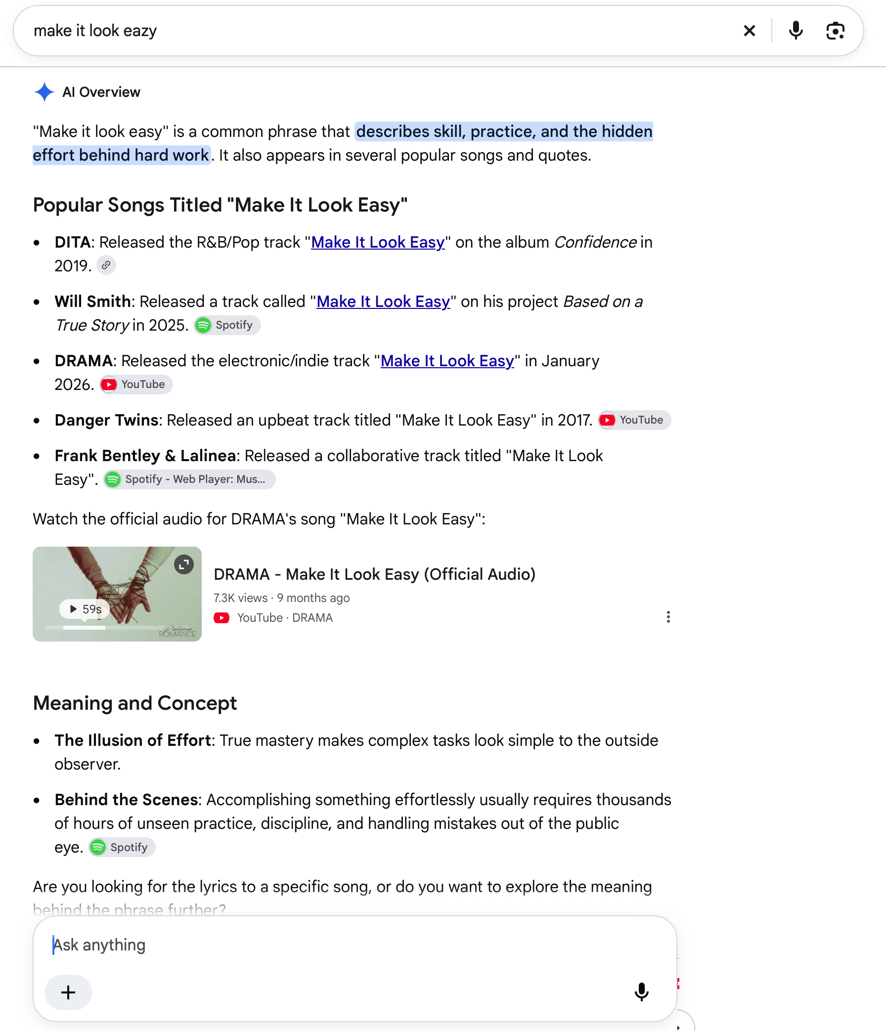 Screenshot of a Google AI Overview for the search "make it look eazy", describing the phrase as the hidden effort behind hard work and listing songs with that title.