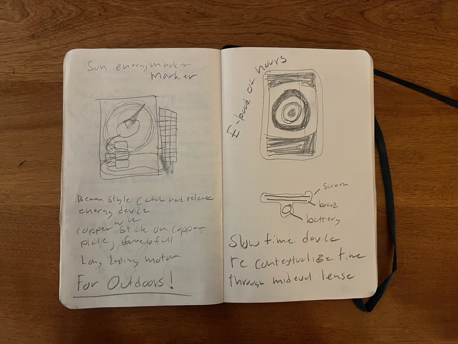 Open dot-grid notebook. Left page: 'Sun energy marker', a box with a large circular dial, a pointer, three small blocks wired together and a grid panel on its side. Right page: 'E-book of hours', a portrait screen with concentric circles and hatched bands top and bottom, and a side view labelled screen, base, battery.