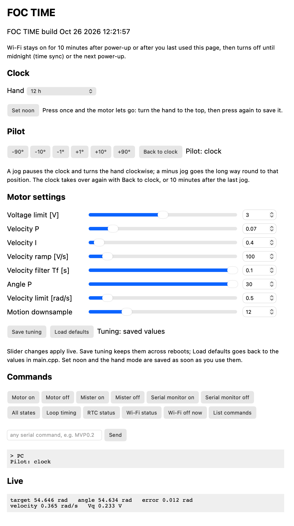 The unlocked FOC TIME control page: a 12 h hand setting and Set noon button, pilot jog buttons, sliders for the motor tuning values, command buttons and a live readout of target and angle.