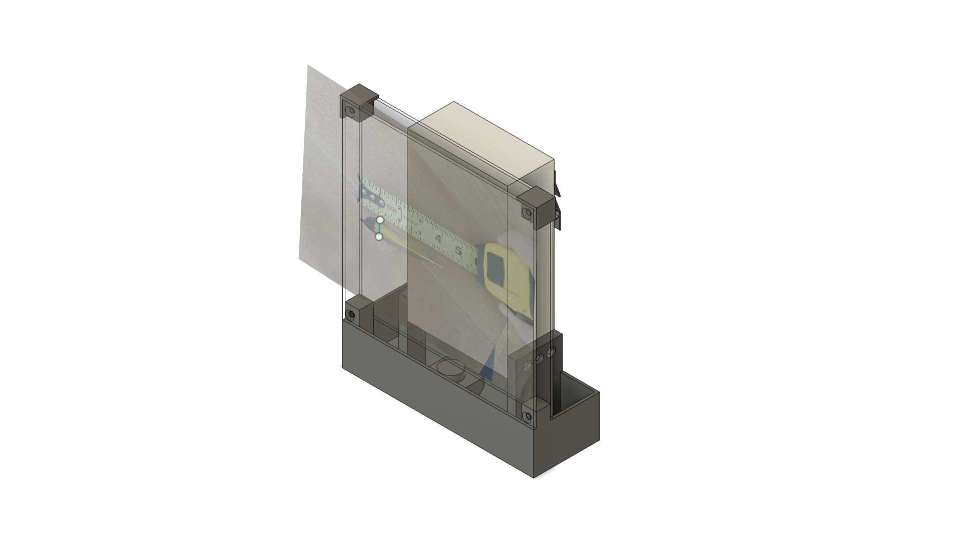 A more detailed Fusion 360 model of the same build, now with printed corner brackets holding the acrylic panels, the control box behind them and the base tray below.