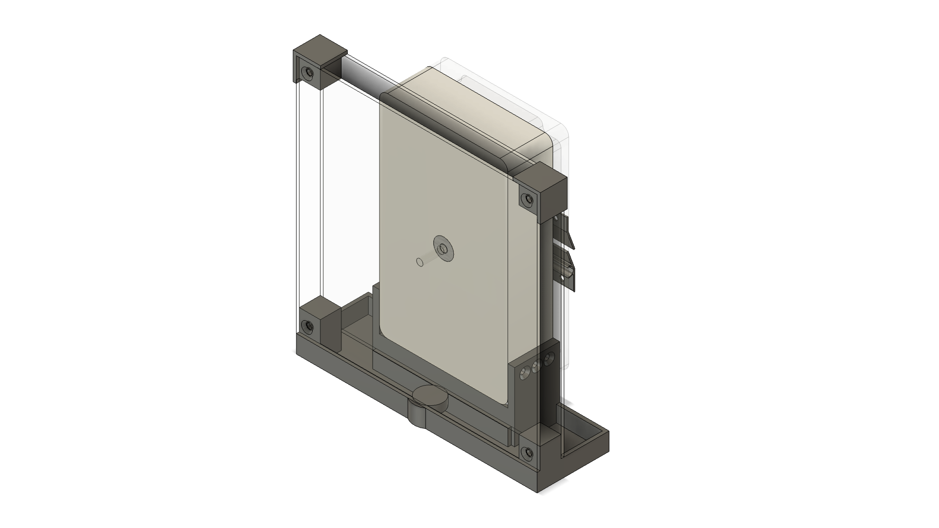 The final Fusion 360 assembly: two clear acrylic panels held by printed corner brackets, the control box with the motor shaft hole at its center, and the base tray with the round mister at the front.