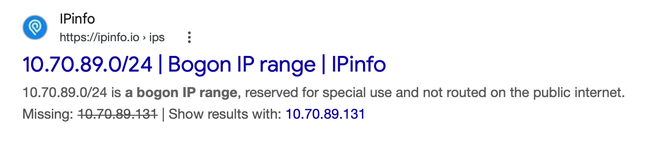 Search results for the bogon IP at hop 8